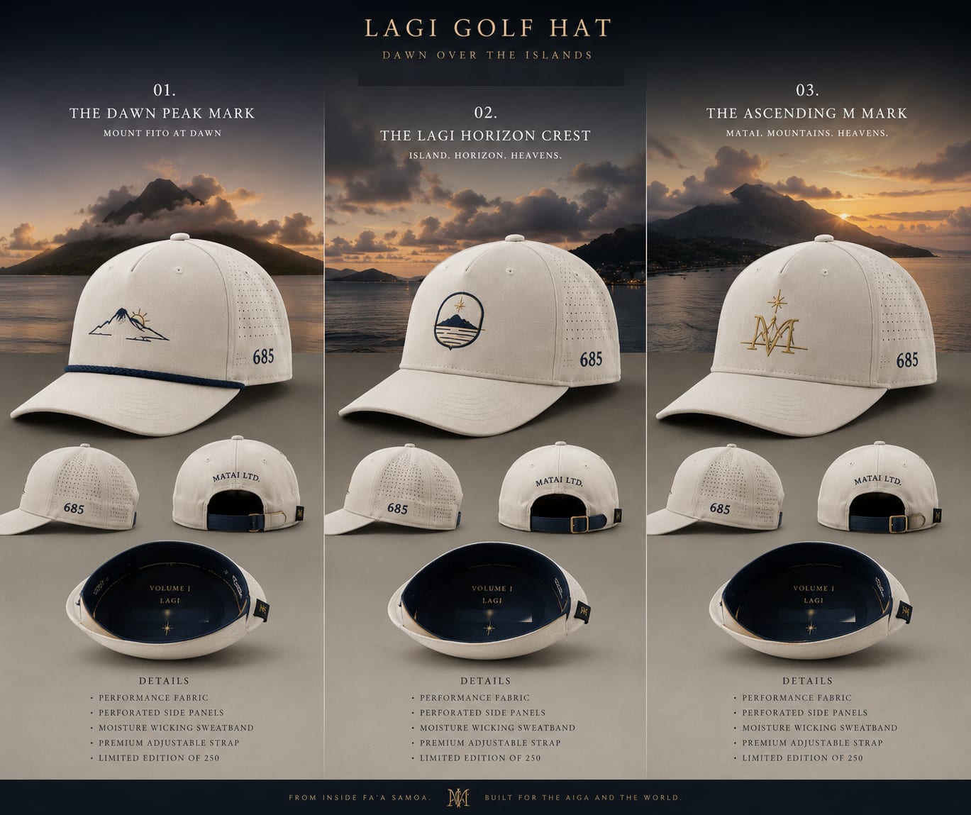 Lagi Golf Hat, three marks — the Dawn's Peak, the Lagi Horizon Crest, and the Ascending M — each with a numbered interior.
