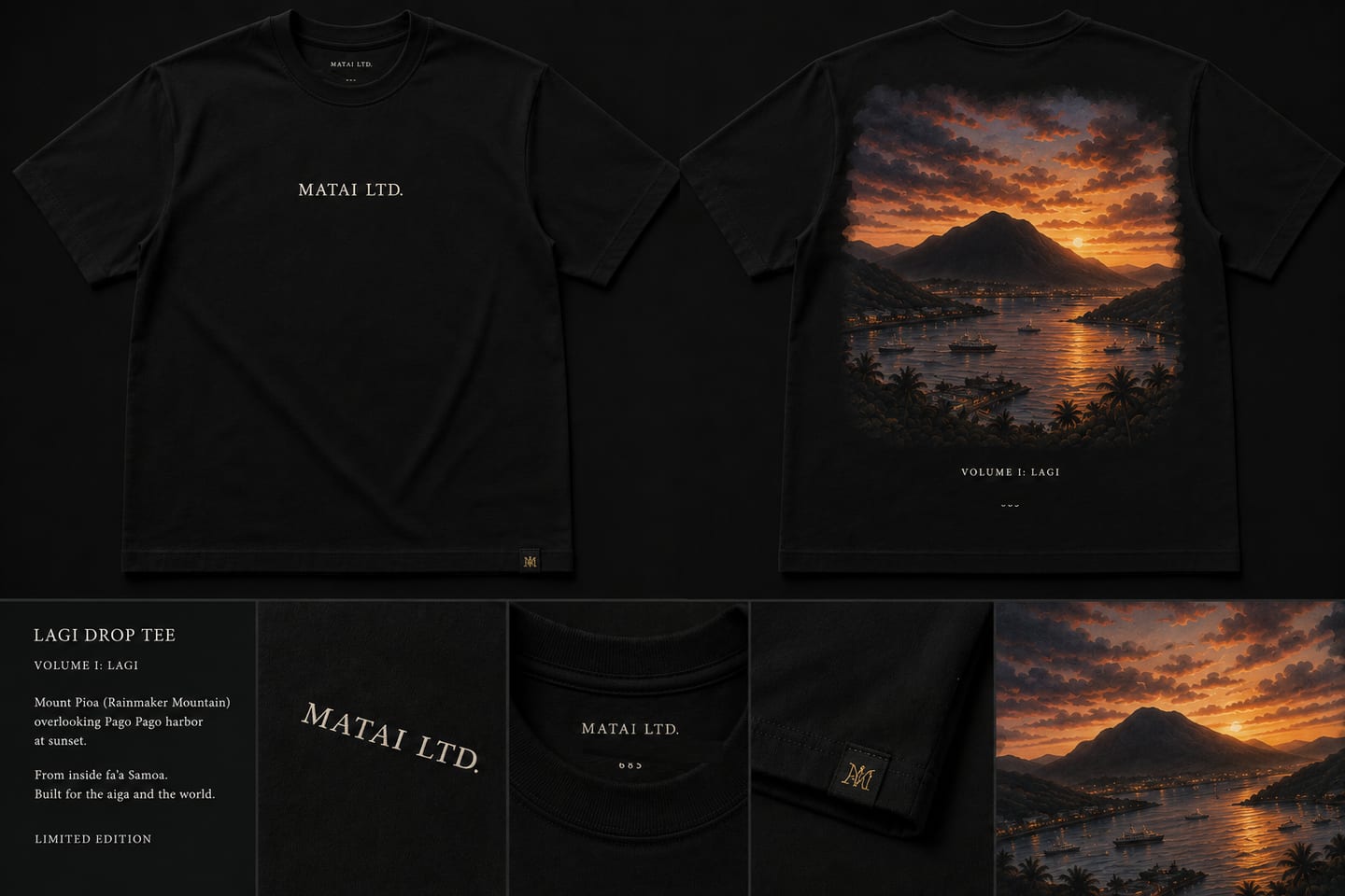 Lagi Drop Tee in black — MATAI LTD. chest mark, sunset watercolour back-print.