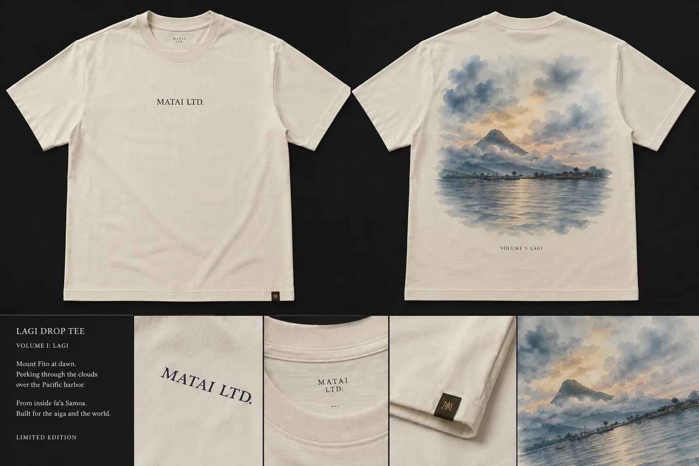 Lagi Drop Tee in bone cream — MATAI LTD. chest mark, dawn watercolour back-print.
